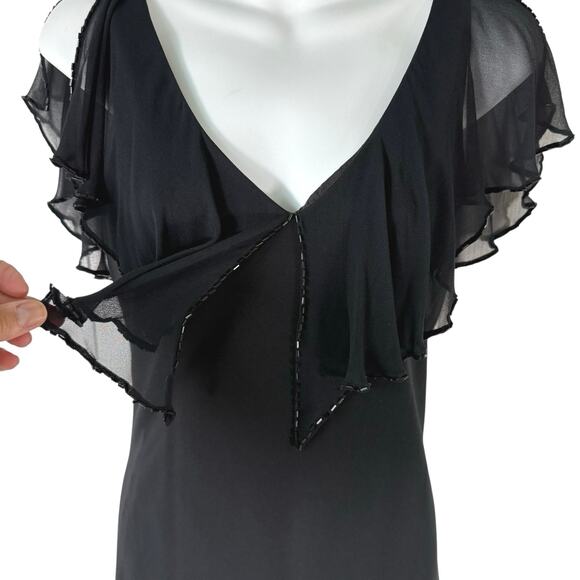 Jones NY Black Formal Maxi Dress Sz 8 Silk Trim Flutter Sleeve Gala V Neck Beads - Picture 14 of 15